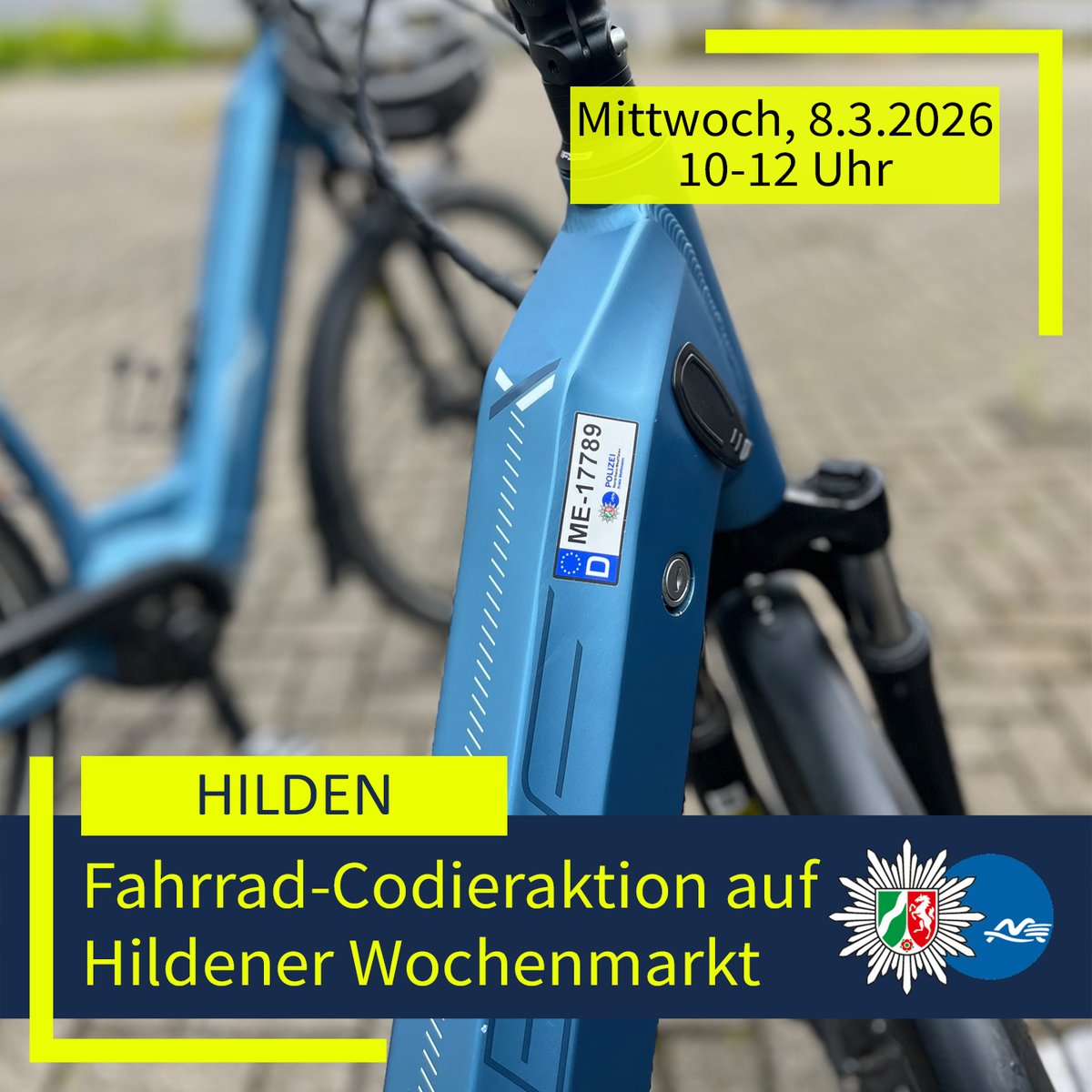 polizei_nrw_me's tweet image. #Hilden: 🚲️ Fahrrad-Codieraktion #BlockiT auf dem Wochenmarkt am Nové-Město-Platz am Mittwoch, 8.4.26, von 10 bis 12 Uhr. Eine vorherige Anmeldung ist nicht erforderlich. Bitte bringen Sie Ihren Ausweis und den Kaufbeleg für das Rad mit. Ihre #PolizeiME 👮‍♂️