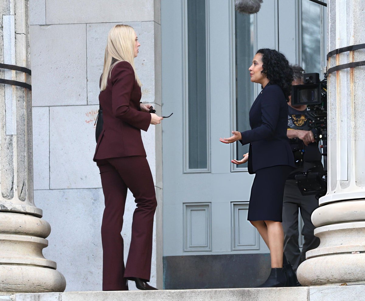 Deborah Ann Woll as Karen Page and Zabryna Guevara as Sheila Rivera on the set of ‘DAREDEVIL: BORN AGAIN’ Season 3.