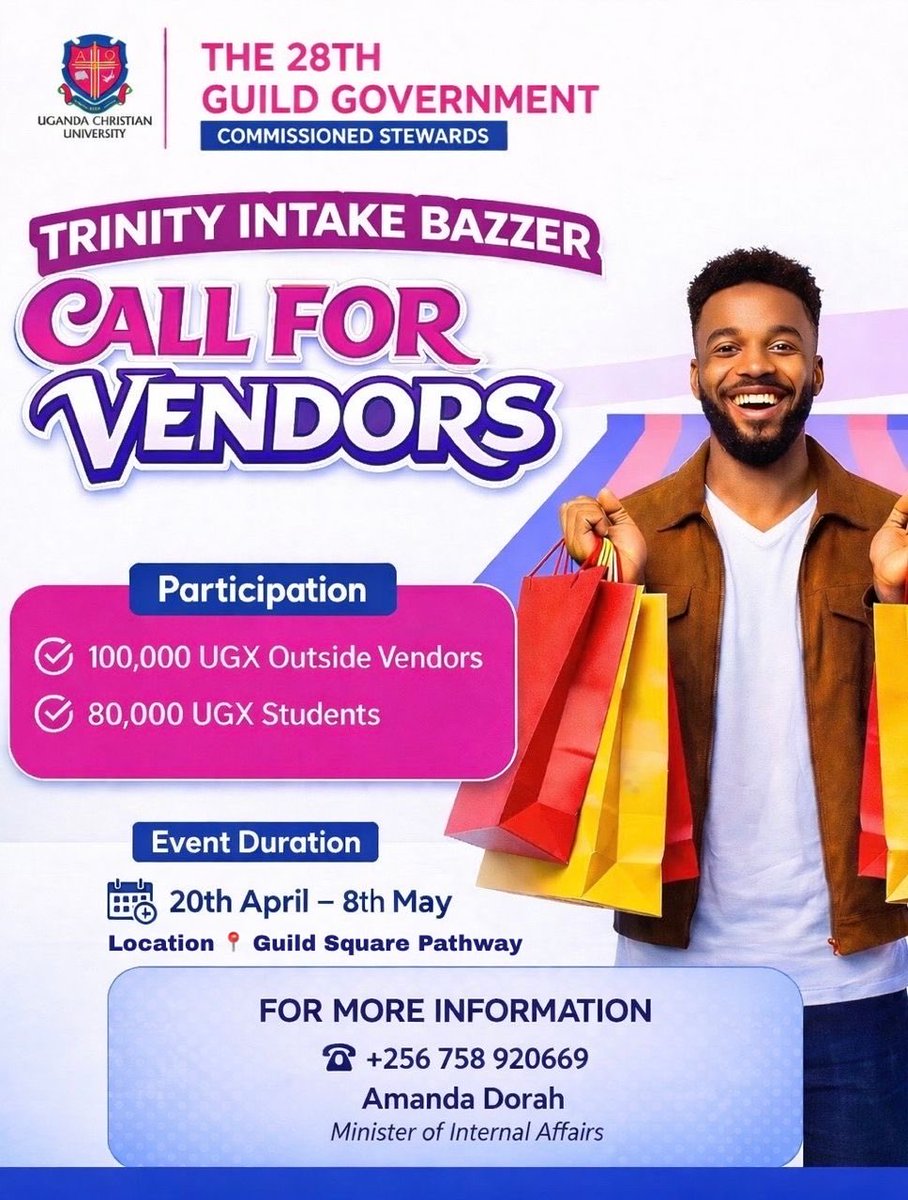 Something exciting is coming…🤭🤭
<a href="/UCUniversity/">Uganda Christian University (Official)</a> <a href="/theucuguild/">UCU 28th Guild Government</a> 
We’re inviting vendors, sponsors, and partners to be part of an upcoming Bazar a space to showcase your brand, connect, and grow.

This is more than a market it’s impact, visibility, and opportunity in one place.