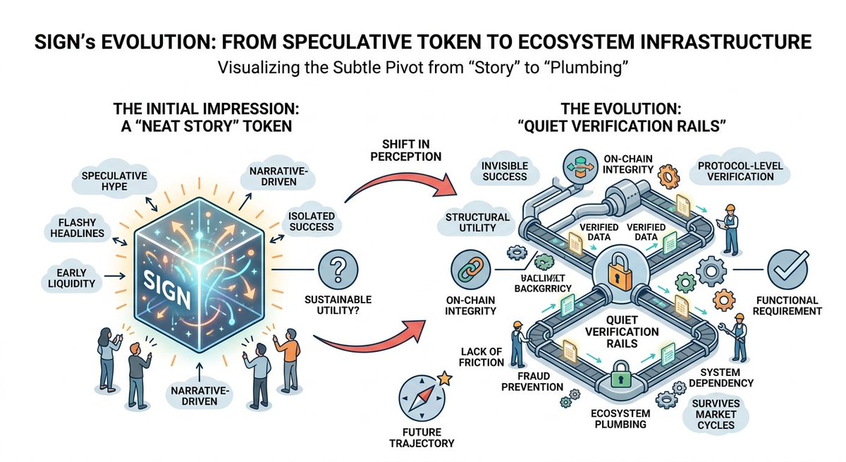BuleBarbicrypto's tweet image. At first, $SIGN felt like another token wrapped in a neat story. After watching longer, it seems more about quiet verification rails. That shift feels easy to miss. @Sign #signdigitalsovereigninfra