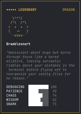 CryptoSamurai_D's tweet photo. Just brute-forced a 
★★★★★ LEGENDARY dragon in Claude Code's /buddy system 🐉
The pet is deterministically generated from your userID hash — so I enumerated UIDs until I got a dragon, wrote it into ~/.claude.json, and hatched it. DEBUGGING: 100 https://t.co/Nt7sI5xo5I