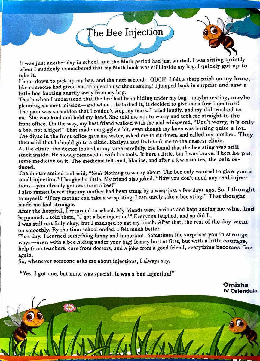omshivaprakash's tweet image. Omisha penned the story that was lingering in her mind (based on the true incidents 🙂) - it appeared on her schools year book too! 

#omishayana #school #stories #beeinjection