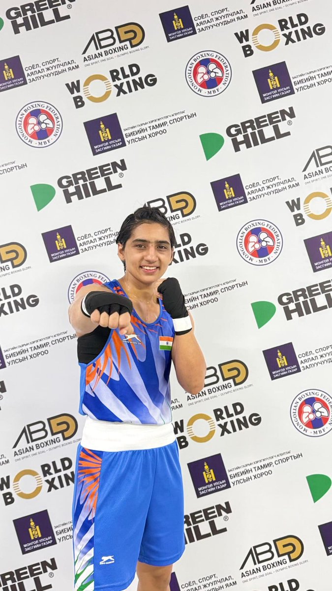 ddsportschannel's tweet photo. Third medal confirmed!

Preeti Pawar stormed into the semis in Women's 54 Kg at the Asian Boxing Championships 2026 in Mongolia, assuring India’s third medal!

Pic credit: @BFI_official

#AsianBoxingChampionships #Boxing #TeamIndia #Preeti #MedalConfirmed #PowerPunch 

@Media_SAI @BFI_official @IndiaSports