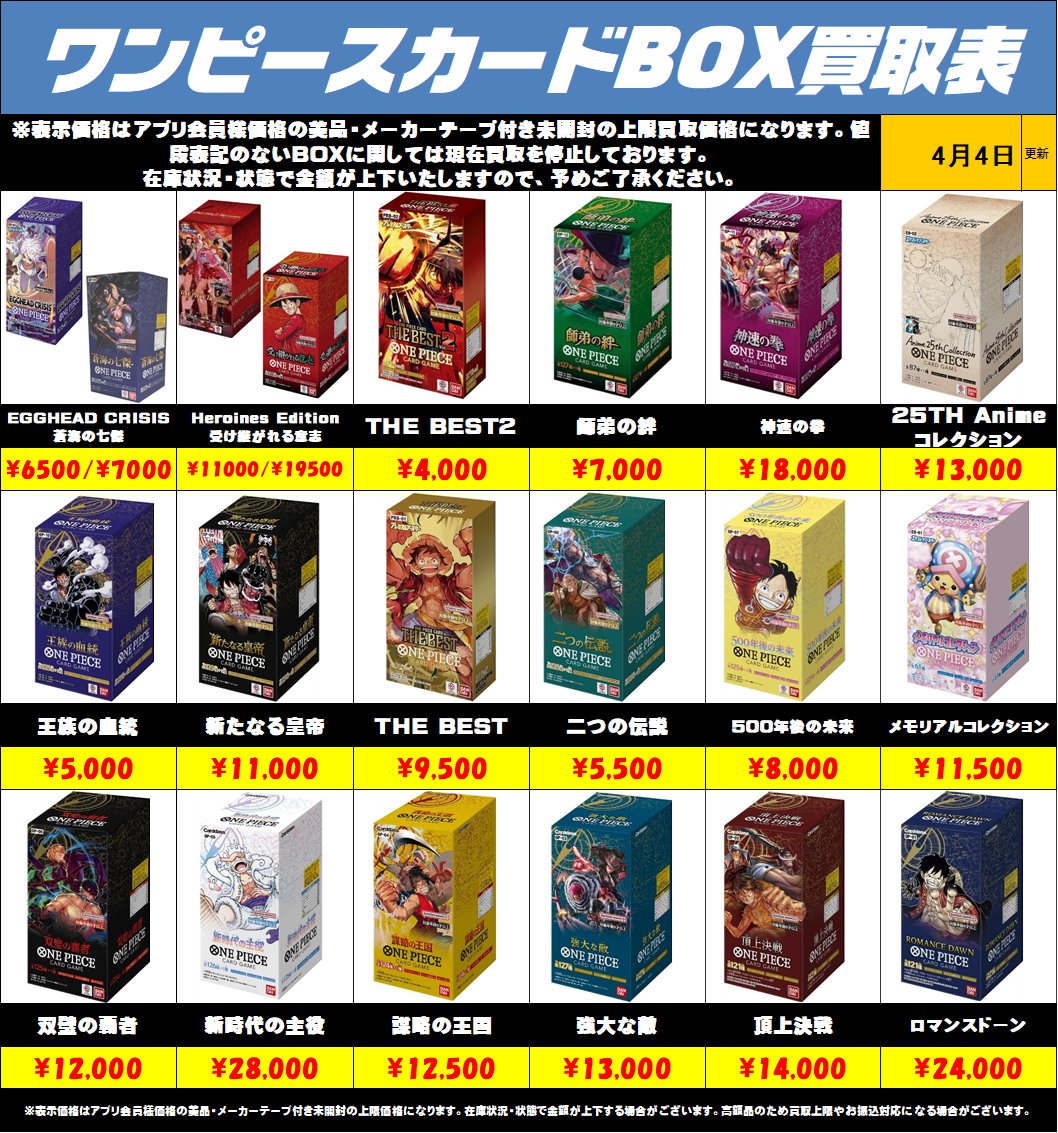 ワンピースカードBOXも高額買取実施中です！4/4～ 未開封・美品