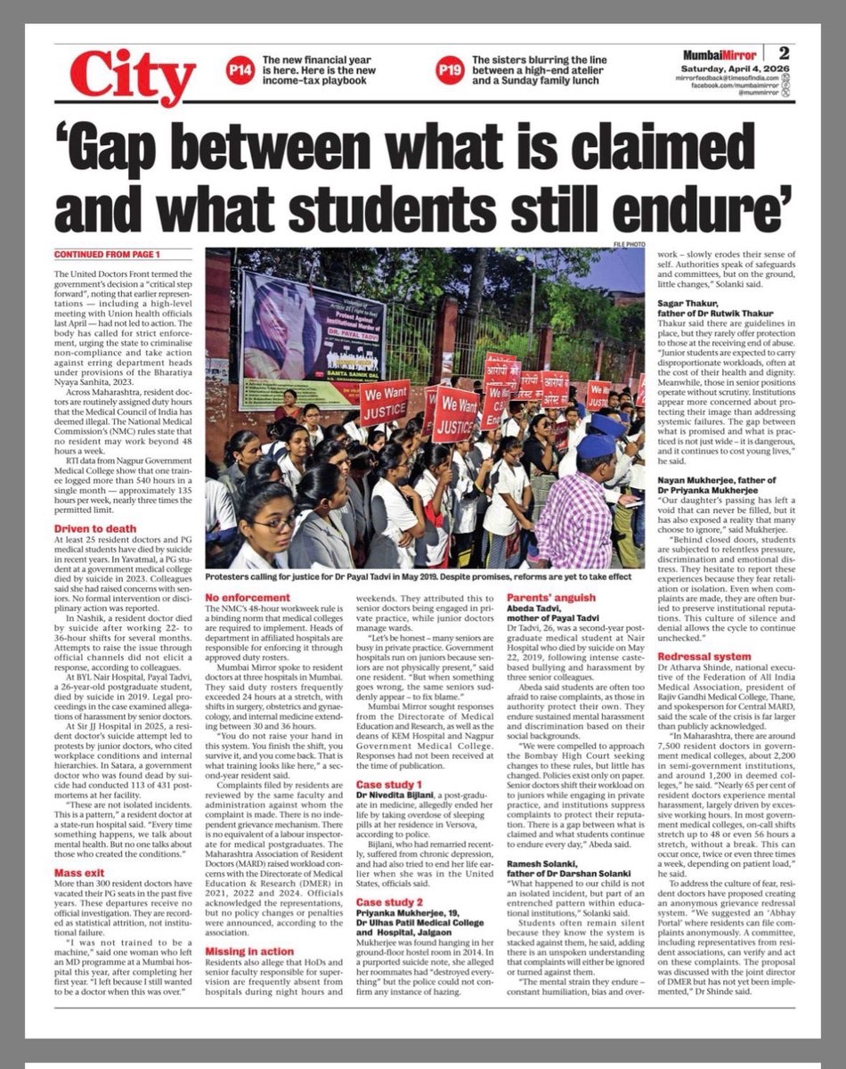 UDF_BHARAT's tweet photo. Heartfelt thanks to journalist @srmishra319 & @mumbaimirror for this hard-hitting front-page coverage exposing the brutal reality faced by #ResidentDoctors — 100+ hour weeks, 25+ suicides & 300+ resignations in just 5 years.  

Maharashtra Govt’s directive to strictly enforce the 48-hour workweek is a critical & long-overdue step — exactly what @UDF_BHARAT has been demanding.  

Now the real test is strict implementation, monitoring & action against violations. Doctors are not machines!  

Read full story: https://t.co/Bx6Q8NGylS  

#SaveOurDoctors #48HourWorkWeek #EndDoctorExploitation #UDFBharat #ResidentDoctorsLivesMatter