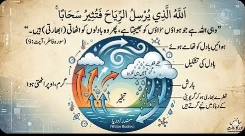 alifnagri's tweet photo. بادلوں کا وزن اور ہواؤں کا سہارا 
(ایک قرآنی و سائنسی مشاہد��)
قرآنی آیت اور ترجمہ:
وَاللَّهُ الَّذِي أَرْسَلَ الرِّيَاحَ فَتُثِيرُ سَحَابًا
"اور اللہ ہی ہے جو ہواؤں کو بھیجتا ہے، پھر وہ بادلوں کو اٹھاتی (ابھارتی) ہیں۔"
(سورہ فاطر، آیت: 9)

سائنسی ریسرچ: لاکھوں ٹن وزنی بادل گرتے کیوں نہیں؟

کیا آپ نے کبھی سوچا ہے کہ آپ کے سر کے اوپر تیرتے ہوئے بادلوں کا وزن کتنا ہے؟

 ایک اوسط بادل کا وزن تقریباً 5 لاکھ کلوگرام (یعنی 500 ٹن) ہوتا ہے! اتنے بھاری بادل زمین کی کششِ ثقل (Gravity) کے باوجود نیچے کیوں نہیں گر جاتے؟

جدید سائنس اس کی دو بڑی وجوہات بتاتی ہے جو عین قرآنی حکمت کے مطابق ہیں:

اپ ڈرافٹس (Updrafts): زمین سے گرم ہوا مسلسل اوپر کی طرف اٹھتی ہے۔۔ یہ ہوائیں بادل کے ننھے ننھے قطروں کو نیچے گرنے سے روکے رکھتی ہیں۔ 
یاد رہے ۔۔یہ وہی "ہوائیں" ہیں جن کا ذکر اللہ نے 1400 سال پہلے کیا تھا کہ وہ بادلوں کو "اٹھائے" پھرتی ہیں۔📖

پانی کے قطروں کا سفر:
گیس (Gas): سمندروں اور زمین سے پانی بھاپ بن کر اوپر اٹھتا ہے۔
بادل (Cloud Formation): بلندی پر جا کر یہ بھاپ ٹھنڈی ہو کر دوبارہ مائع (Liquid) یا برف کے باریک ذرات میں بدل جاتی ہے اور بادل کی شکل اختیار کر لیتی ہے۔

گر��ویٹی کا غلبہ (Rain): جب یہ ننھے قطرے آپس میں مل کر بڑے اور وزنی ہو جاتے ہیں، تو اب ہوا کا دباؤ انہیں مزید نہیں تھام سکتا۔ یہاں گریویٹی اپنا کام دکھاتی ہے اور انہیں زمین کی طرف کھینچتی ہے اور جسے ہم بارش کہتے ہیں۔

حاصلِ کلام:
سبحان اللہ! جسے ہم صرف ایک موسم سمجھتے ہیں، اس کے پیچھے کائنات کی کتنی پیچیدہ انجینئرنگ چھپی ہے۔
 اللہ نے ہواؤں کو بادلوں کے لیے ایک "غیر مرئی سہارا" (Invisible Support) بنا دیا ہے۔

 #الف_نگری