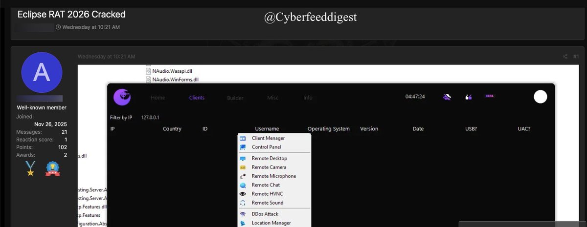 cyberfeeddigest's tweet image. A member of a #darkweb forum shared 
#EclipseRAT2026 Cracked
#Malware #RAT