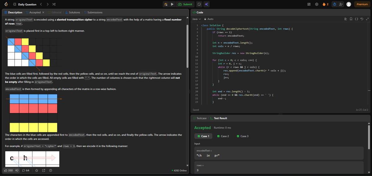 AdarshKumar206's tweet photo. Round 1 of #100DaysOfCod
Day 29 of #100DaysOfCode on #leetcode #DSA #LearnInPublic #buildinpublic #remote #connect #remotework #remotejob #java #coding #programming #100daysofcodechallenge #developer #SystemDesign

Problem 2075 : Decode the Slanted Ciphertext https://t.co/3jGjRTlDmY