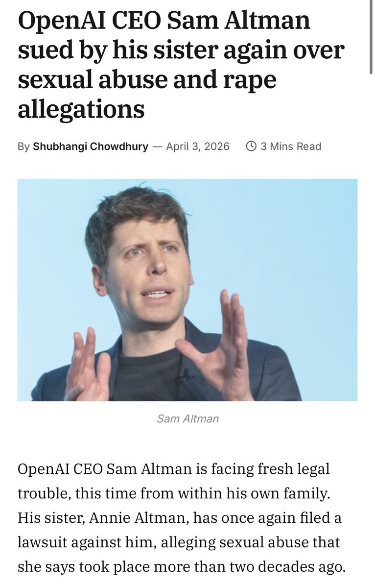 MrMessenger's tweet photo. น้องสาวแท้ๆ ของ Sam Altman CEO ของ OpenAI ยื่นคำฟ้องแก้ไขในศาลสหรัฐฯ หลังผู้พิพากษาอนุญาตให้ดำเนินคดีบางส่วนภายใต้กฎหมายล่วงละเมิดเด็กของรัฐ Missouri

เธออ้างว่าถูกพี่ชายล่วงละเมิดทางเพศซ้ำๆ นานเกือบ 10 ปี เริ่มตอนเธออายุ 3 ขวบ และ Sam อายุ 12 ขวบ

ฝั่ง Sam และครอบครัวปฏิเสธอย่างสิ้นเชิง โดยระบุว่าเป็นข้อกล่าวหาที่ไม่จริง และยื่นฟ้องกลับข้อหาหมิ่นประมาท

⚠️ โน๊ตไว้หน่อยว่า ยังเป็นคดีแพ่งที่กำลังดำเนินการ ยังไม่มีคำพิพากษาว่าข้อกล่าวหาเป็นความจริงหรือไม่นะครับ