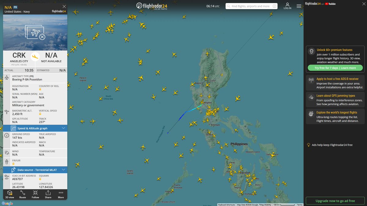 AIYeyENGDdJkjTr's tweet image. Apr. 4, 2026
#Clark Air Base, Philippines #West Philippine Sea ==&amp;gt; #Okinawa Kadena Air Base

#NoCALLSIGN #AE67D7 USN P-8A Poseidon