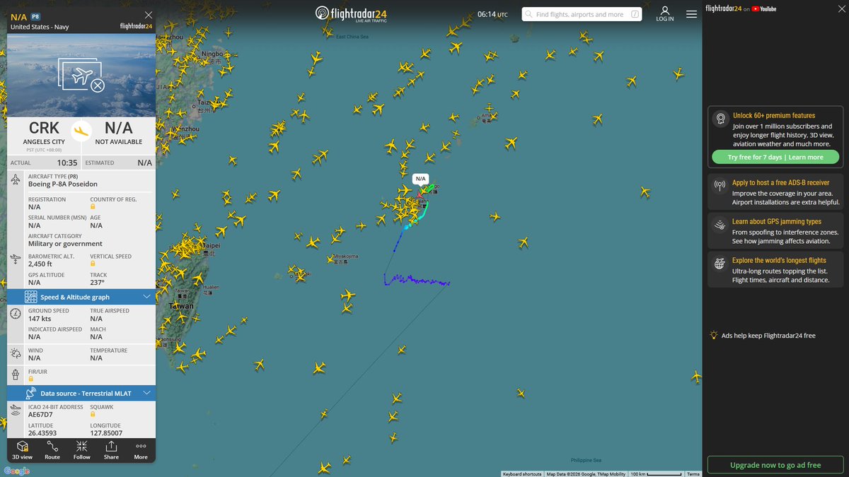 AIYeyENGDdJkjTr's tweet image. Apr. 4, 2026
#Clark Air Base, Philippines #West Philippine Sea ==&amp;gt; #Okinawa Kadena Air Base

#NoCALLSIGN #AE67D7 USN P-8A Poseidon