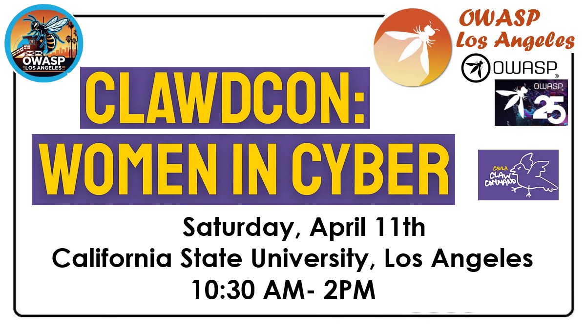 owaspla's tweet photo. Curious about #cybersecurity, looking to break into the field? Join us @CalStateLA for 𝗖𝗟𝗔𝗪𝗗𝗖𝗢𝗡: 𝗪𝗼𝗺𝗲𝗻 𝗶𝗻 𝗖𝘆𝗯𝗲𝗿 Sat 4/11 10:30AM-2:00PM for discussion networking &amp; opportunities to connect w/ pros who are actively shaping the field.
https://t.co/6gFI68wRmh https://t.co/5DtOAlJlHg