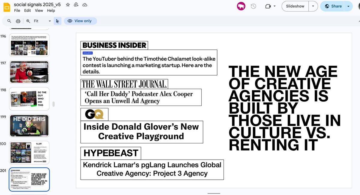 dropkickcopy's tweet photo. Claim: "the new creative agency is built buy those who live 'the culture'"

This one guy I knew in Dubai, he positioned himself as a the urban youth go-to person at his agency. 

He was from Sudan. Race credentials check.
He followed mainstream american hip hop culture and african american discourse. Culture check.

But all the other Sudanese people found him corny. Plus he didn't produce anything or participate or risk anything for culture. He was always the consumer, led by culture. 

His talent was code switching between corporate and colloquial, and presenting decks. That's fine. 

The issue isn't that he didn't know whether he was living the culture or renting it. It's that his positioning was not anchored to something lindy; popular culture and trends are fickle.

This slide seems true on the surface but it glosses over the impermanence of this so-called culture thing. What it is calling culture is actually trends. 

If the messaging is that "We are a creative agency built by those who live in culture and don't rent" then that's not enough to establish a creative agency brand. 

Because all of this stuff is trends and trends are rented.