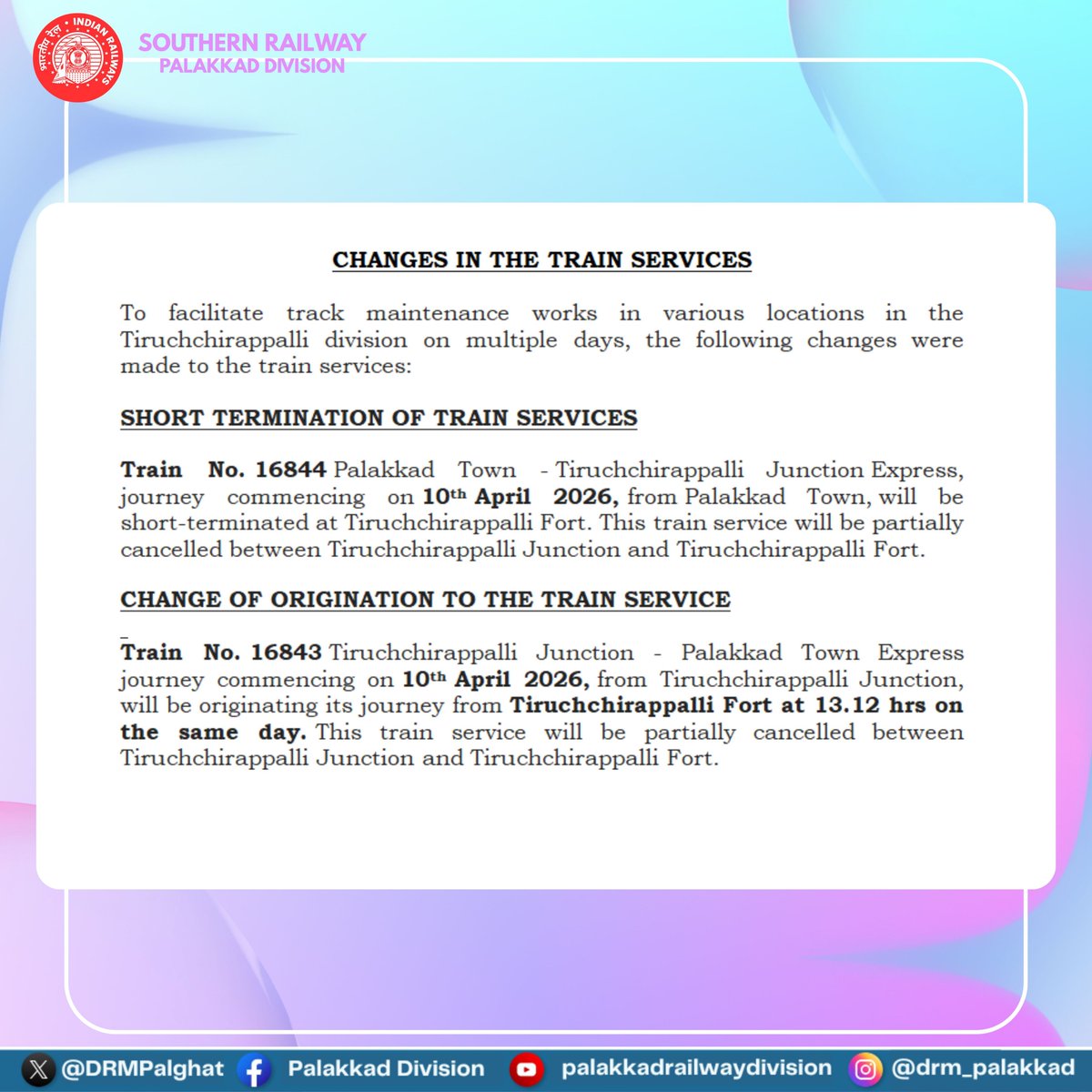 DRMPalghat's tweet image. 🚆CHANGES IN TRAIN SERVICES

Due to track maintenance in Tiruchchirappalli Division, train services are revised on select days.

Passengers are advised to check the revised schedule and plan their journey accordingly.

#IndianRailway #CorridorBlock #Palakkad