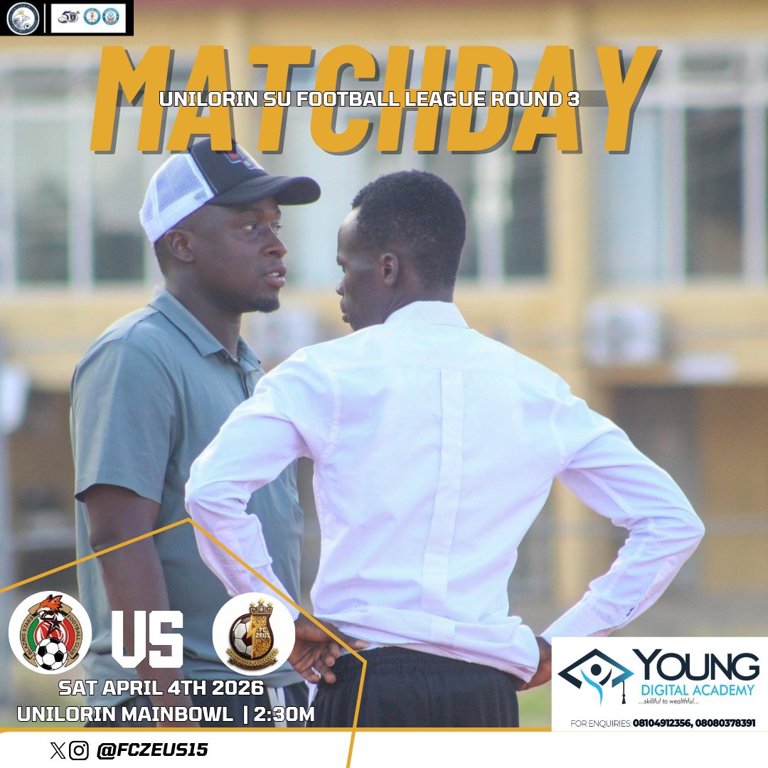 fczeus15's tweet photo. UNILORIN SU FOOTBALL LEAGUE 8.0
ROUND 3
!!!MATCHDAY!!!
π BLAZING STARS FC
π TODAY 4TH, APRIL 2026
β± 2:30 WAT (2:30PM)
π UNIVERSITY OF ILORIN STADIUM π
#FCZEUS | #UIL8.0 | #CmonZeus | #COYB https://t.co/QZamb9ho7B