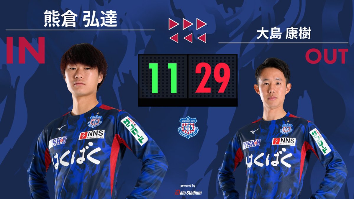 選手交代 後半26分 ⏩IN #熊倉弘達 ⏪OUT #大島康樹 #ヴァンフォーレ
