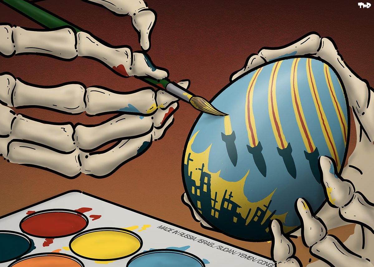 Royaards's tweet image. Almost Easter. Here’s the cartoon I did last year to mark the occasion.

#Easter #EasterEgg #war #conflicts #humanity