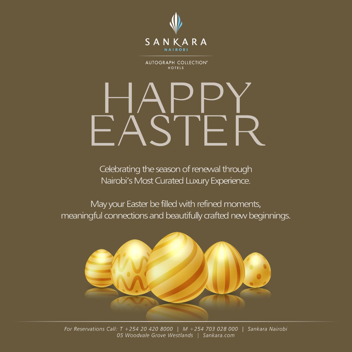 SankaraNairobi's tweet photo. Wishing you and your loved ones a joyful and beautiful Easter.
May the season of renewal bring happiness, peace and meaningful moments.
Happy Easter from Sankara Nairobi, Autograph Collection by Marriott.
#EasterSeason  
#exactlylikenothingelse https://t.co/Fz5xwsFs5W