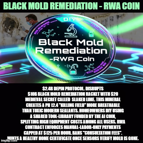 Black Mold Remediation -RWA Coin: $2.4B DePIN protocol using medieval slaked lime chemistry and AI-shared sensors to disrupt the $10B mold remediation racket through a manual-labor-only, blockchain-verified sanitization standard. docs.google.com/document/d/15W…