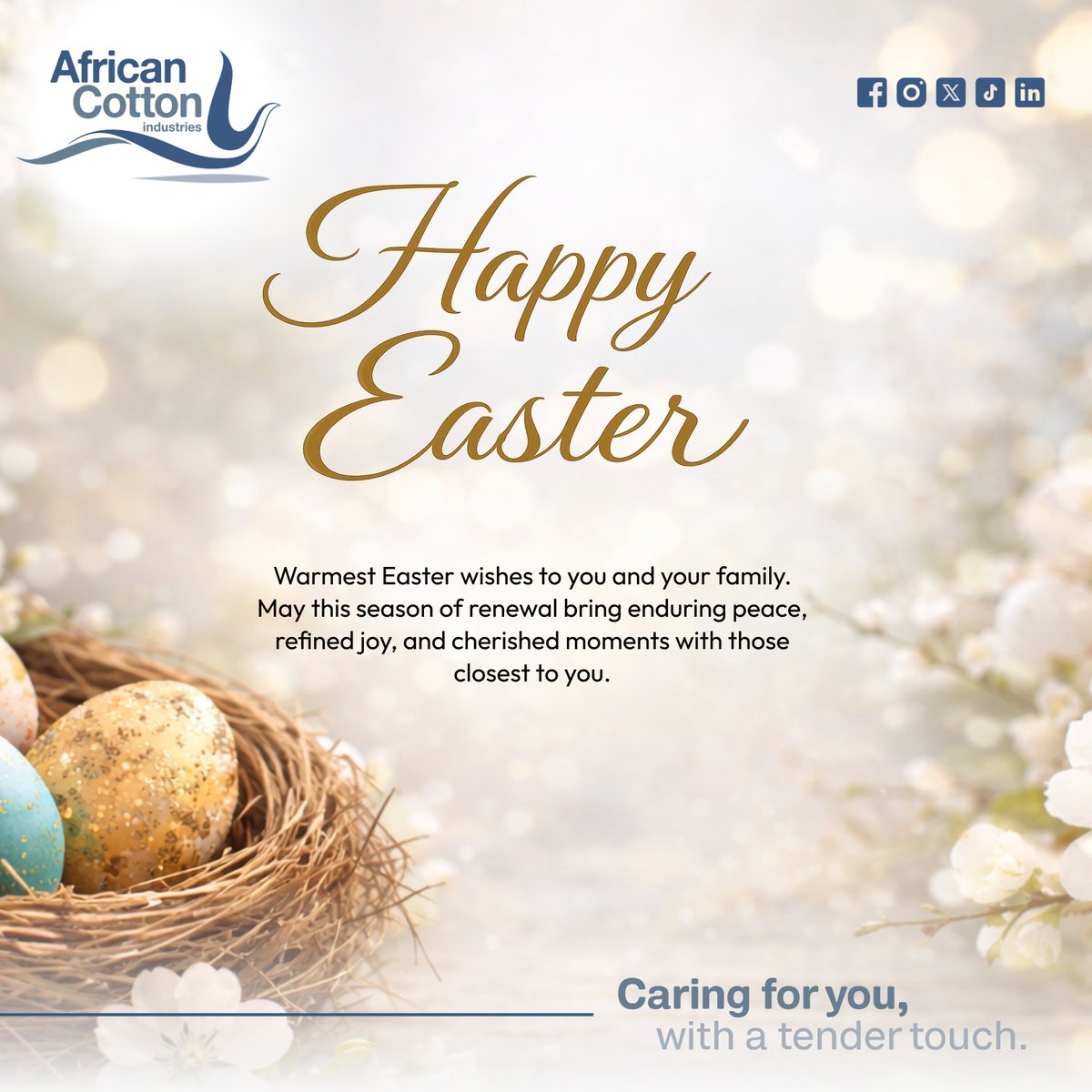 ACIL_ke's tweet photo. Warmest Easter wishes to you and your family. May this season of renewal bring enduring peace, refined joy, and cherished moments with those closest to you.

#africancottonindustries #GoodFriday #HappyEaster https://t.co/mIL5Kwxt6A