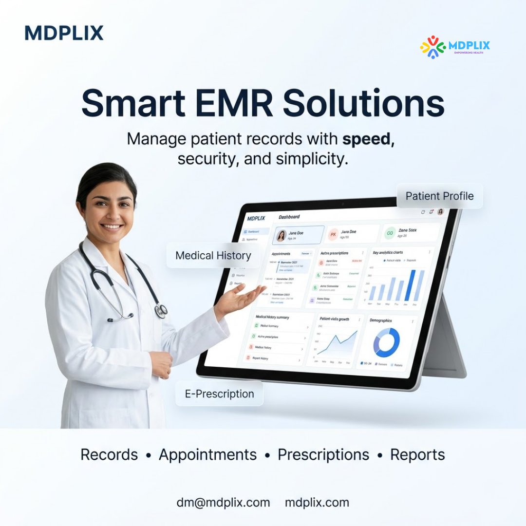 mdplix's tweet photo. Smarter healthcare starts with better systems.

MDPLIX EMR helps you manage records, appointments &amp; prescriptions—securely and efficiently.

🌐 https://t.co/AAr4uLgqfc

#MDPLIX #EMR #HealthTech #DigitalHealthcare https://t.co/p4LZGX8OSy