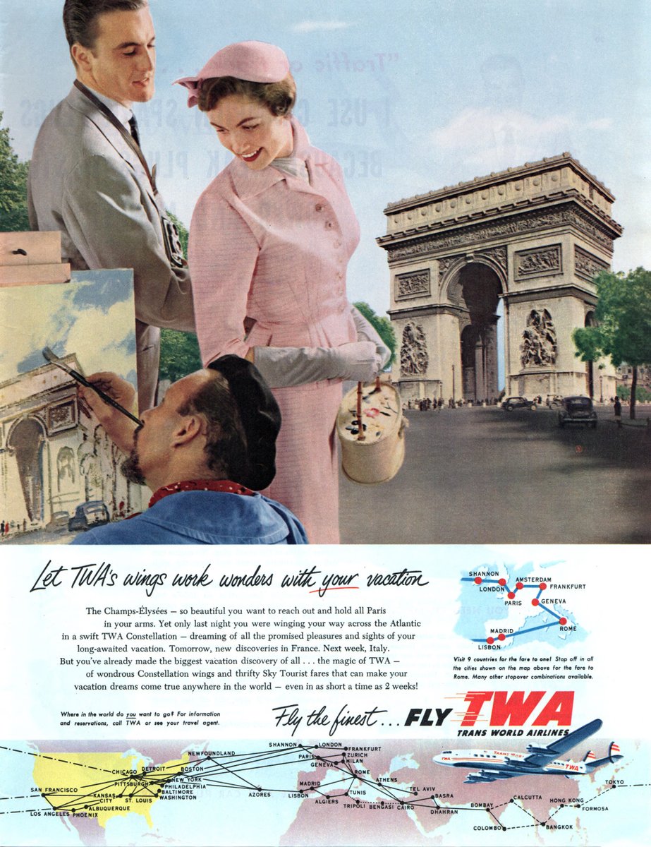 LRonLacy's tweet image. #THISWEEK in 1954
‘Let TWA’s wings work wonders with *your* vacation’
#TWA #TransWorldAirlines
*Collier’s*, April 2, 1954
#Paris #ChampsÉlysées #ArcDeTriomphe #tourists #streetartist #cigarettefilter #womensfashion #mensfashion #1950s