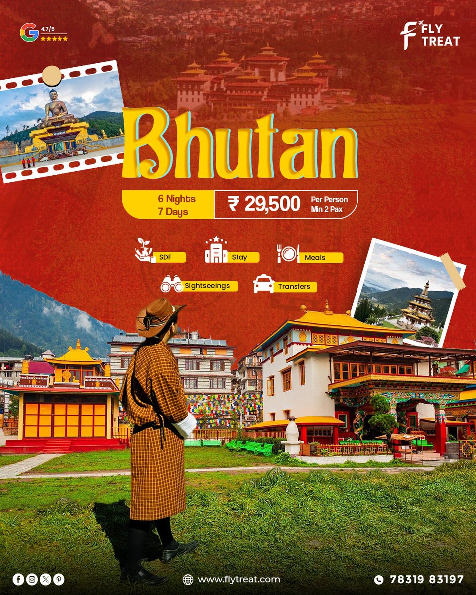 Flytreat_Tour's tweet photo. Lost in the land of happiness 🇧🇹✨
Where mountains whisper peace and every moment feels magical.

Explore the beauty of Bhutan with our 6N/7D unforgettable journey starting at just ₹29,500/- per person 💼✈️

Tag your travel partner &amp; let’s make this dream trip real ❤️ https://t.co/9hHWwkiraP
