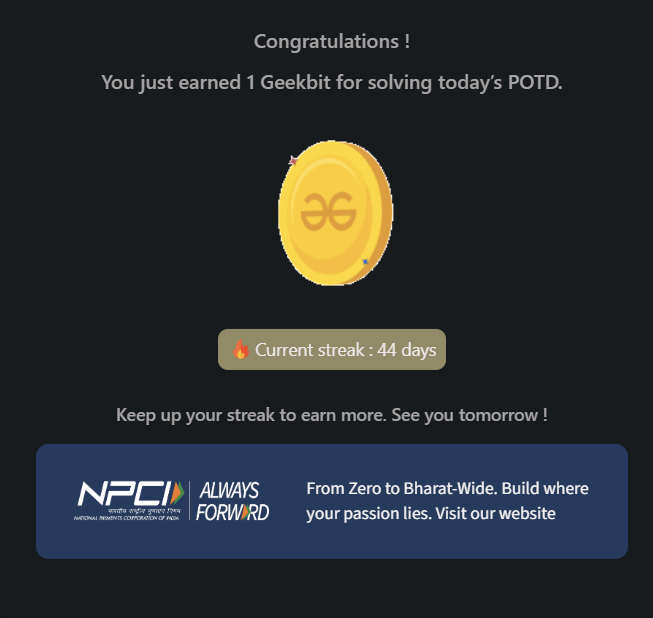 PrincyDubey84's tweet photo. Day 44/60 โ
Solved the Gray Code generation challenge! ๐
#geekstreak60 #npci #POTD #DSA #GrayCode #BitManipulation #Recursion #Python #Cpp @geeksforgeeks @NPCI_NPCI https://t.co/Lu8y3aDD9n