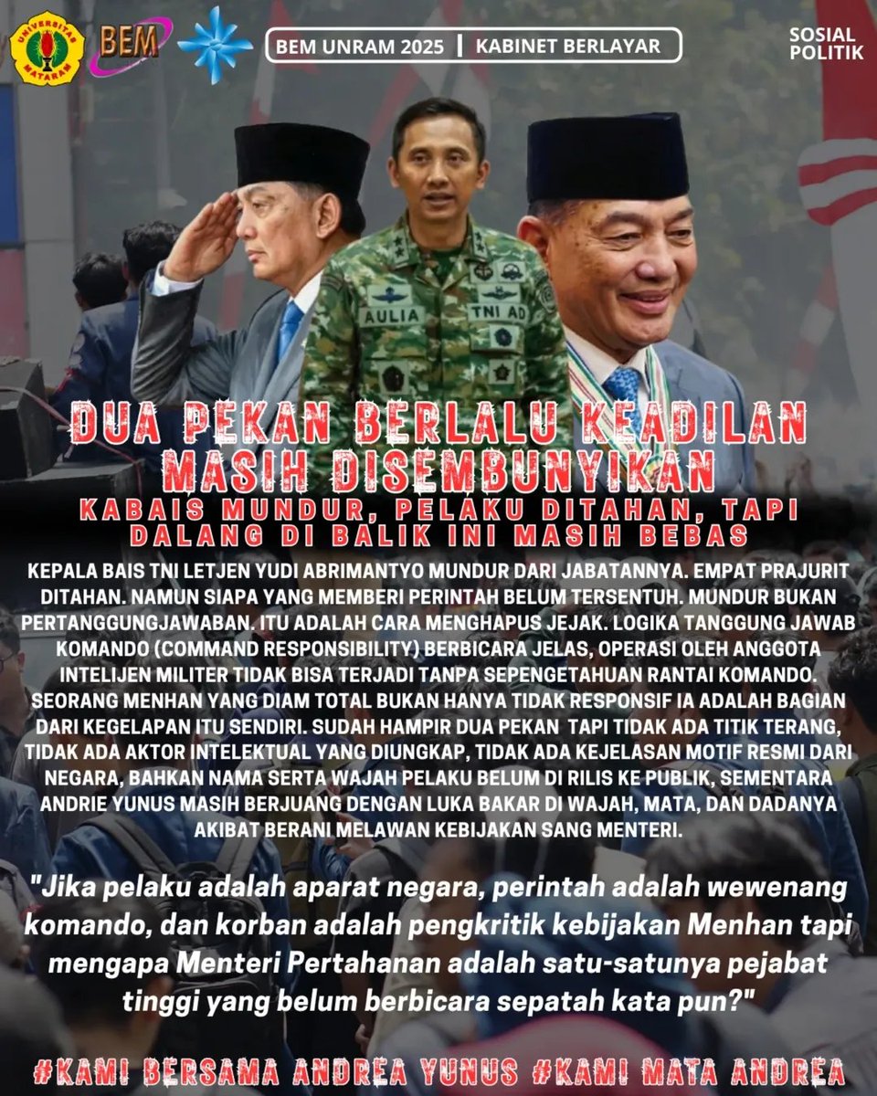 theb_id's tweet image. Dua pekan berlalu, namun keadilan masih disekap di dalam ruang gelap kekuasaan. Kasus penyiraman air keras terhadap aktivis Andrie Yunus bukanlah kriminal biasa ini adalah TEROR NEGARA terhadap rakyatnya sendiri yang berani bersuara!

#andrieyunus #aktiviskontras #bais