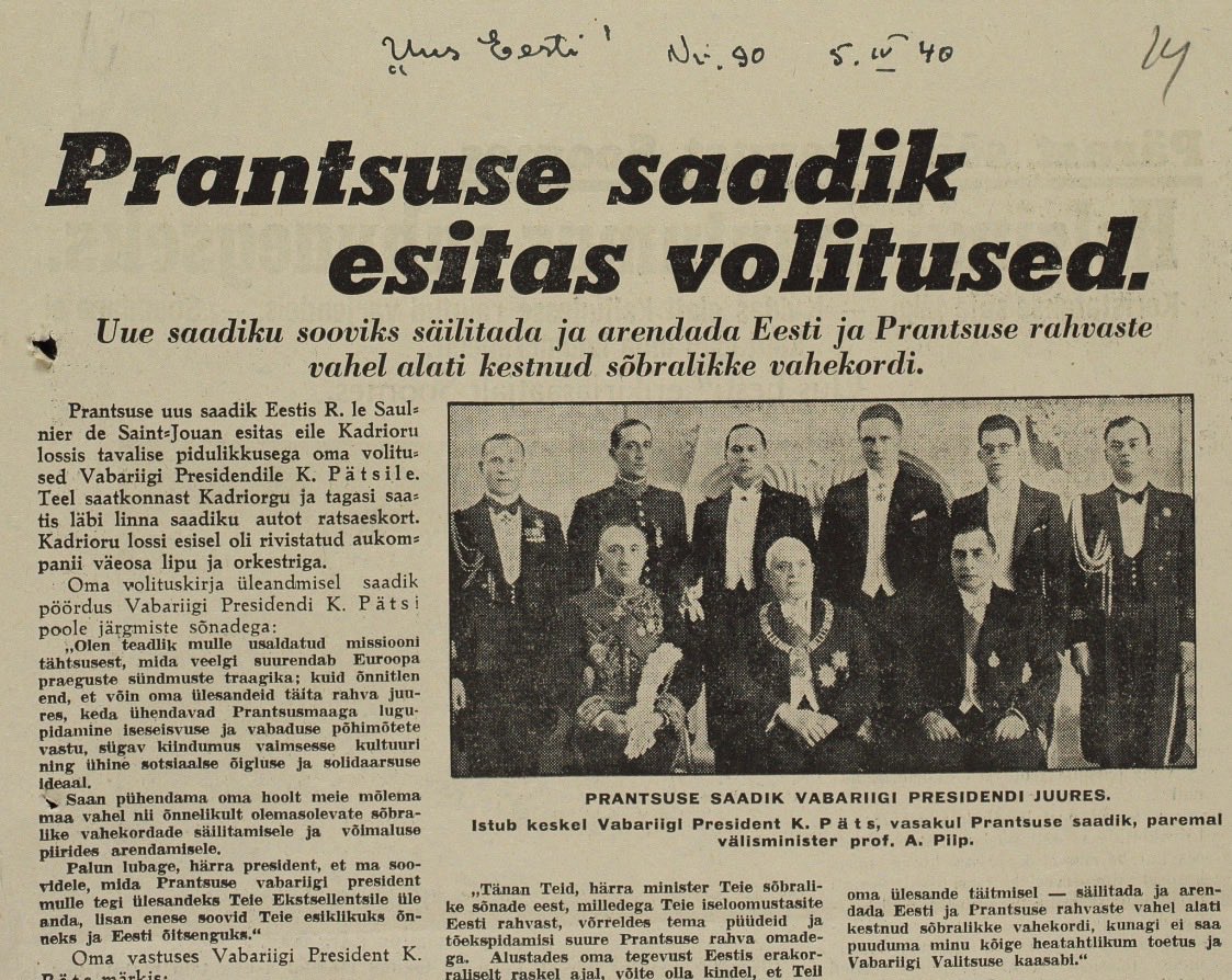 📍86 ans, 1940, le dernier ambassadeur 🇫🇷 en 🇪🇪 présentait ses lettres de créance au Président estonien Päts. Deux mois après deux membres de l’ambassade étaient abattus dans un avion civil finlandais par la chasse soviétique. Le président Päts fut déporté en Russie et interné,