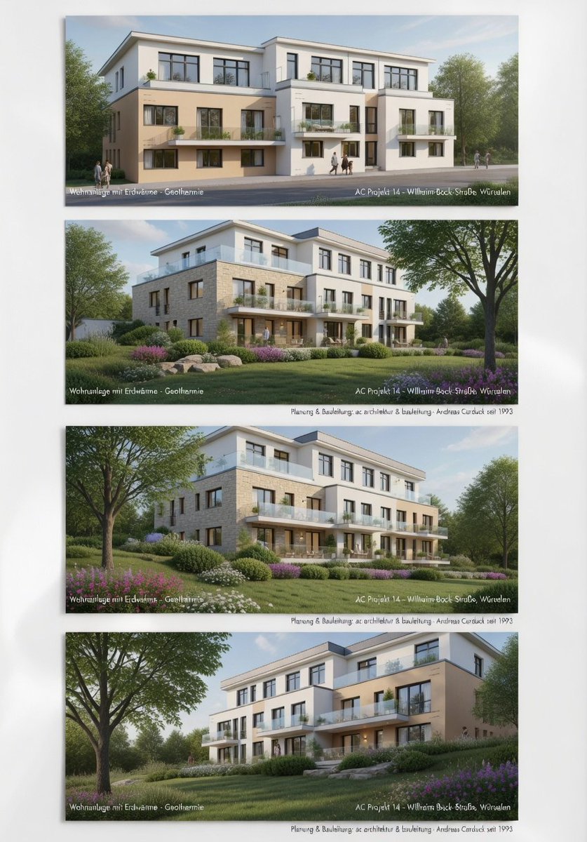 AC Projekt 14 
Planung &amp; Bauleitung: Büro für Bautechnik - Andreas Carduck 
(ac architektur &amp; bauleitung, seit 1993) 
Standort: Wilhelm-Bock-Straße, Würselen 
Projekt: Moderne Wohnanlage mit 14 Wohneinheiten 
Energiekonzept: Erdwärme/Geothermie „Energie aus der Erde“ 
Bereits