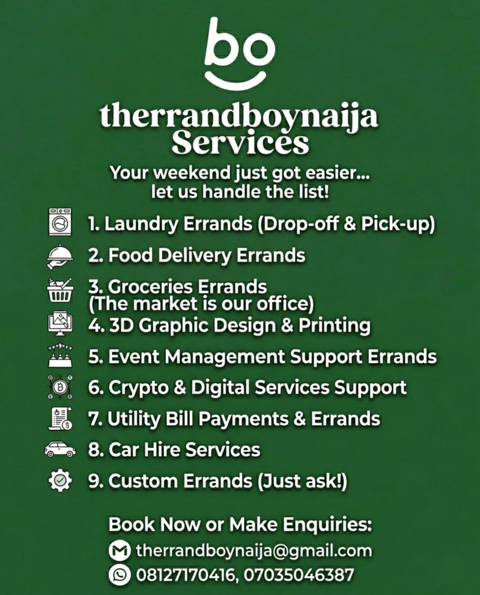 Errandboyn79963's tweet photo. Happy 😌 weekends let's make today easier for you and yours 

Send us an errand via any of our contacts or slide in our DM now a trial will keep you 🤝 

#therandboynaija #wetinyoudeyfind #lagoslogistics #makinglifeeasier https://t.co/6tVhSTq0No