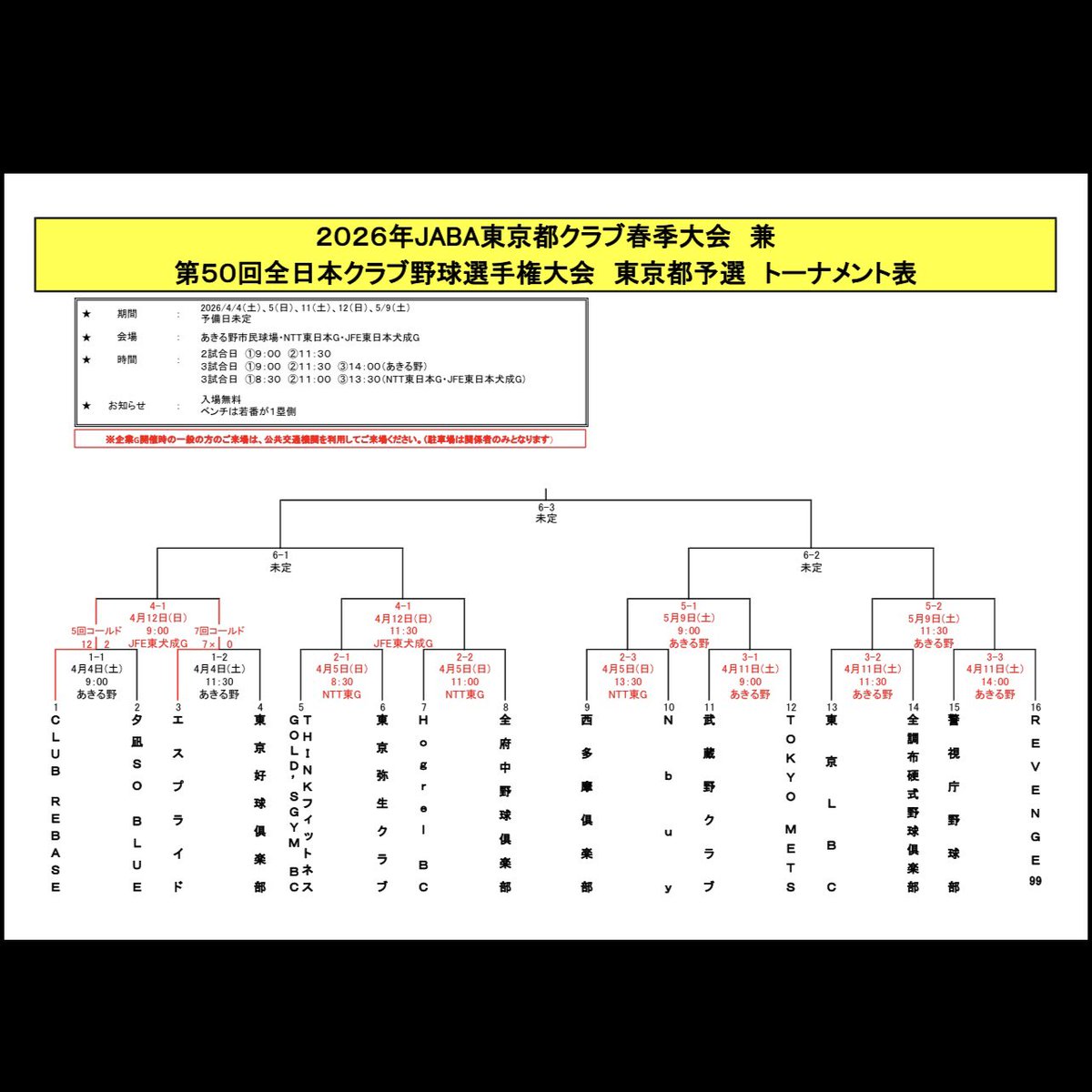 【公式戦情報(更新)】

大会1日目の進行状況により、『2026年JABA東京都クラブ春季大会 兼 第50回全日本クラブ野球選手権大会東京都予選』の大会日程が変更となりましたのでお知らせ致します。
※未定箇所については追って更新致します。

★1回戦
📅 2025.04.11(sat)
🏟 あきる野市民球場
🆚