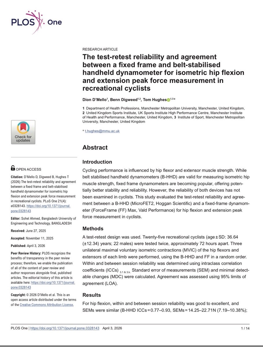dt_hughes's tweet image. NEW PAPER

Are handheld &amp;amp; fixed frame dynamometers reliable for measuring hip strength in cyclists?

Are they interchangeable in practice?

Great work Dion D’Mello for leading 👏🏻

journals.plos.org/plosone/articl…

#Cycling #Physiotherapy #Rehabilitation #StrengthTesting #SportsMedicine