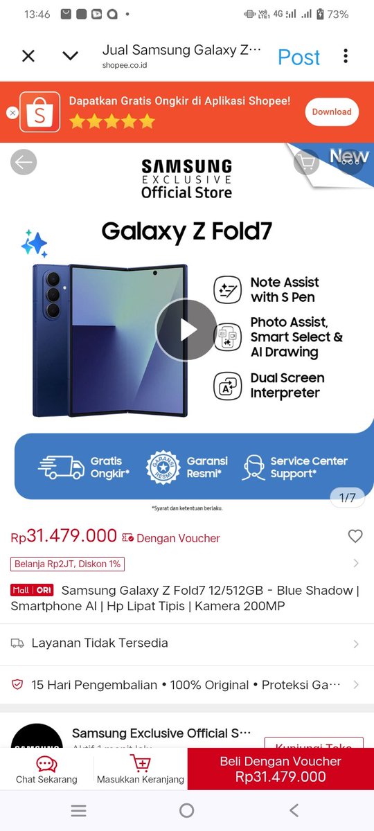 OFDodiSaputra's tweet photo. @ShopeeID "Pengen cobain #GalaxyZFold7 udah ada 200MP Camera &amp; ultra sleek desainnya. Pasti jadi game changer di dunia smartphone! #GalaxyZFold7xShopee” https://t.co/y57xNGLq45