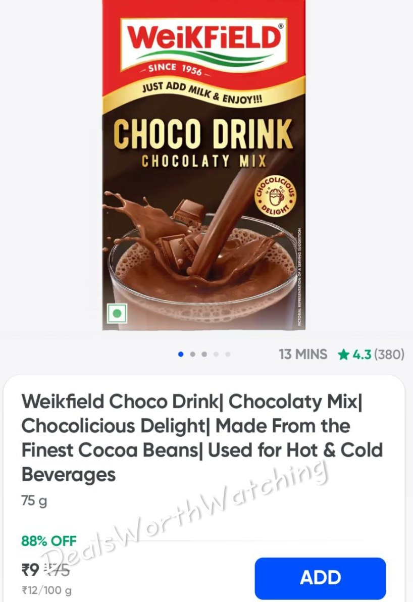 DealsWorthWatch's tweet image. #Swiggy Instamart #Gurgaon
Weikfield Choco Drink| Chocolaty Mix Cocoa Beans 75g
🔻OFF: 88% | 🏷️ Price: ₹9 (₹75)
swiggy.com/stores/instama…

More such loot join: t.me/DealsWorthWatc…