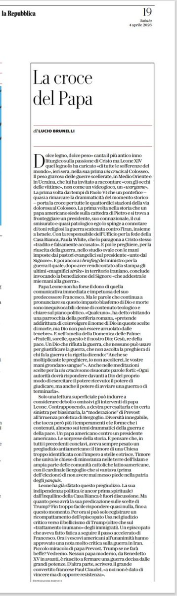 luciobrunelli's tweet photo. Papa Leone, Dio e la guerra. Il primo papa americano di fronte al presidente americano che si ritiene "unto dal Signore".
Oggi su @repubblica https://t.co/7C3ToS7sz2