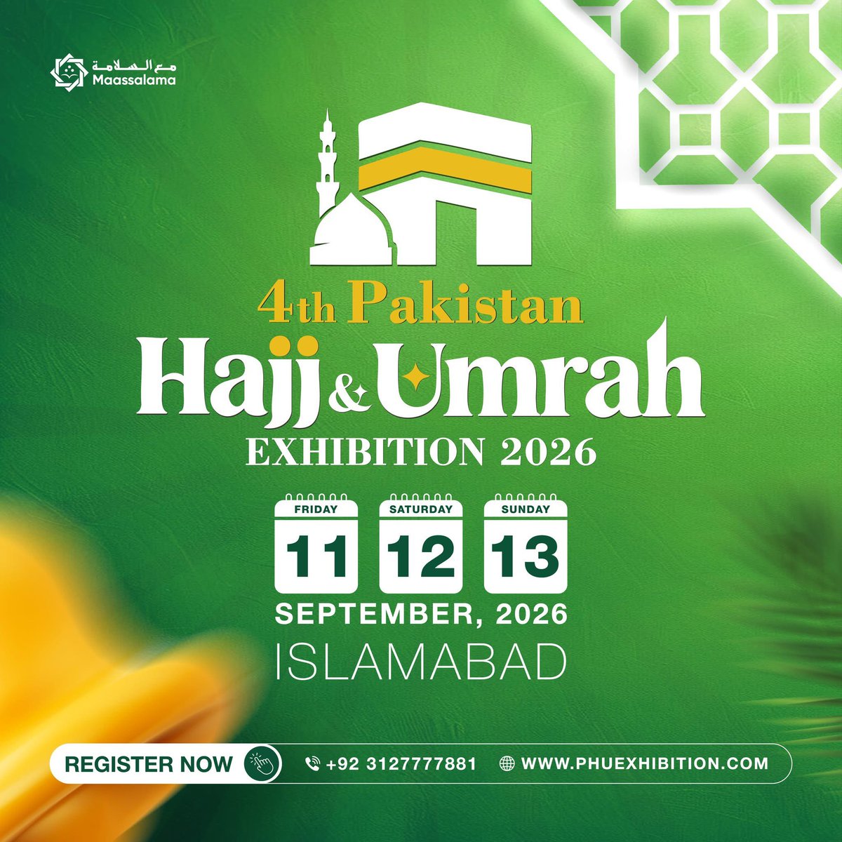 🎉 4th Pakistan Hajj &amp; Umrah (PHUE) Exhibition is Coming!
📅 Date: 11–13 September
📞 Contact: 0312-7777881
Join us and plan your blessed journey with ease. Don’t miss this opportunity!
#PHUEExhibition #HajjUmrah #PakistanEvents #SpiritualJourney #UmrahPackages #Hajj2026 #4thPHUE