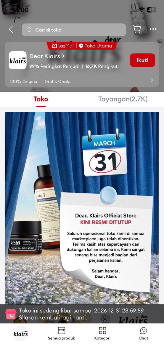lailinurm's tweet photo. Baru tau sekarang dear klairs tutup di semua marketplace padahal tonernya holy grail di mukaku 😭. Niatnya mau nunggu 4.4 ternyata stop di 31 Maret kemarin. Mana ini udah last stock, dan bingung lagi harus pake pengganti apa 😭😭😭 https://t.co/9tZwEjeFAA
