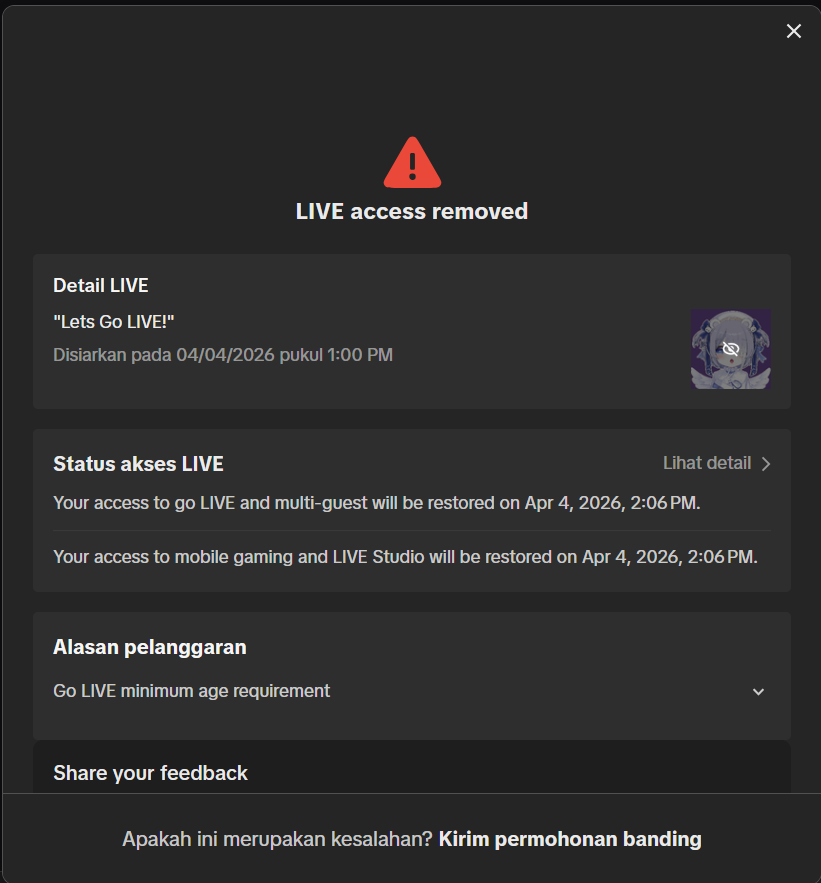 Baru dayy 1 live TikTok udah sial :((((