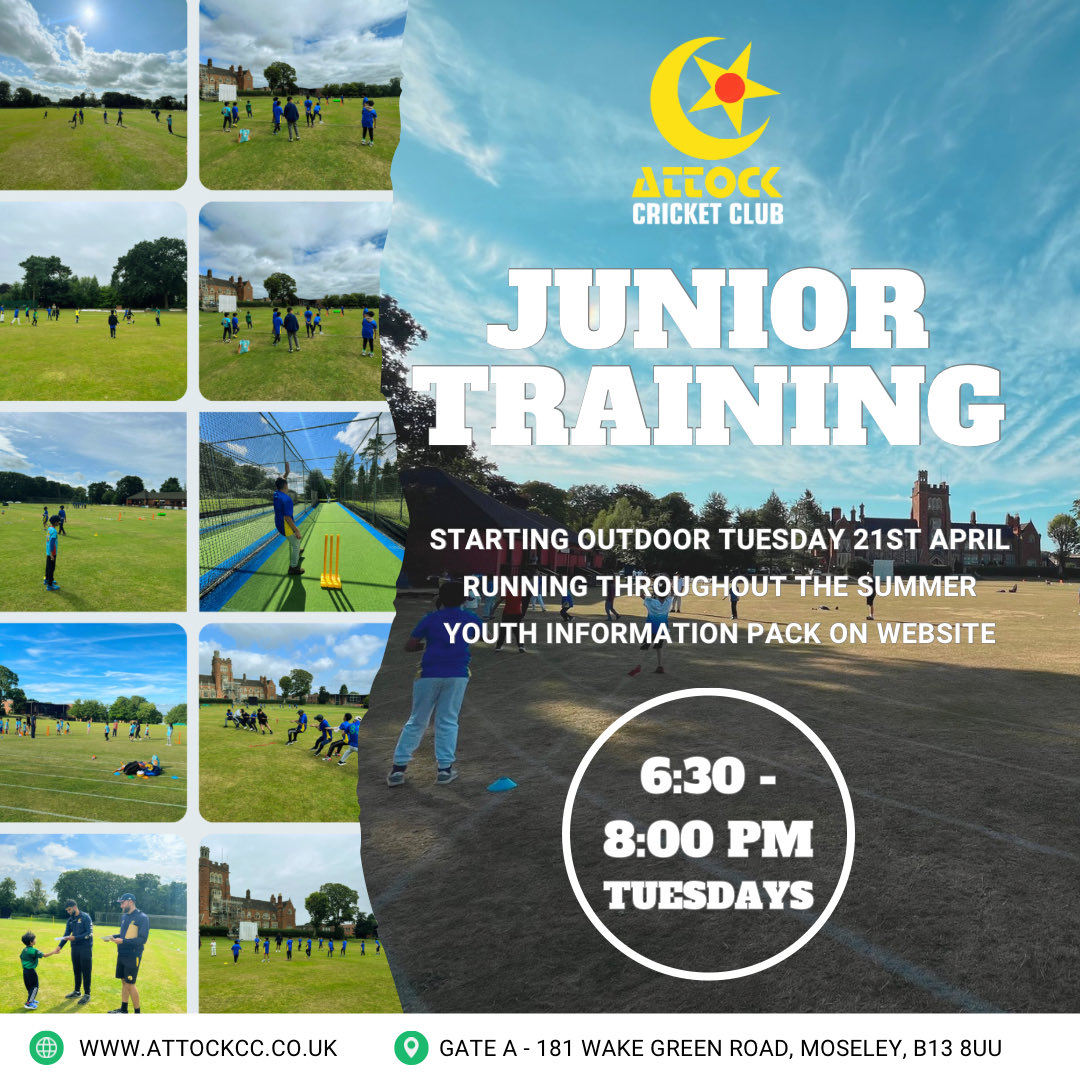 Attockcc's tweet photo. Junior Outdoor Training will take place on Tuesdays starting 21st April from 6:30pm to 8pm. There will be a separate parents meeting whilst the training takes place to go over the junior season. Thank you https://t.co/erlChPuzQI