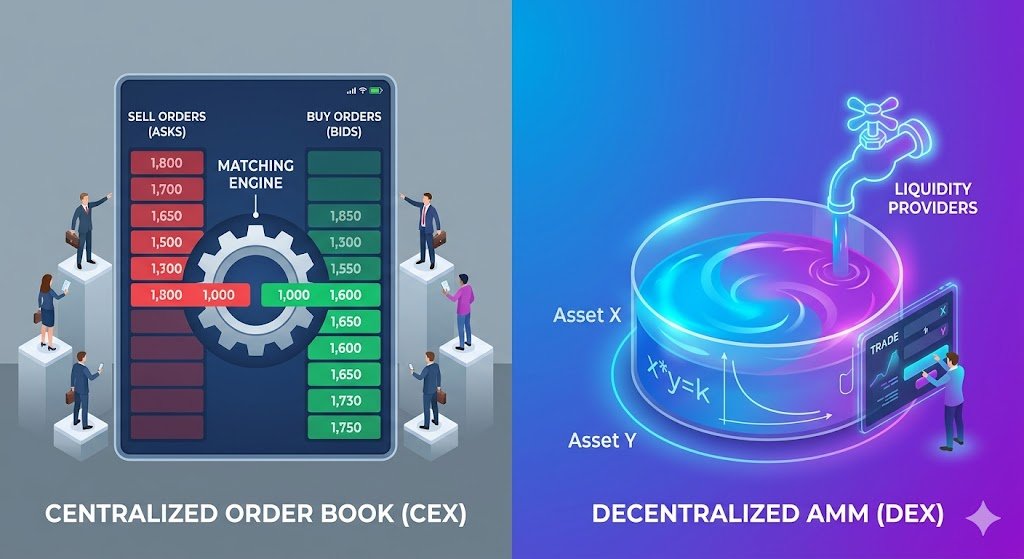 GnxxxMC's tweet image. CEX 🏛️ vs. DEX 🦄: How liquidity works.
Order Books rely on market makers matching buy/sell orders (bids/asks). 📝
AMMs (Automated Market Makers) rely on liquidity pools and a mathematical formula (x*y=k) to define price. 🏊‍♂️📉
Know your venue. #DeFi #CryptoTrading #Uniswap