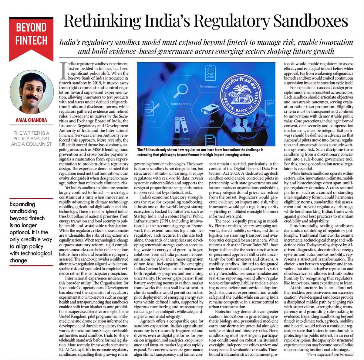 India’s regulatory sandbox model must expand beyond fintech to manage risk, enable innovation and build evidence-based governance across emerging sectors shaping future growth, I write in <a href="/mpostdigital/">MillenniumPost</a>.
millenniumpost.in/opinion/rethin…