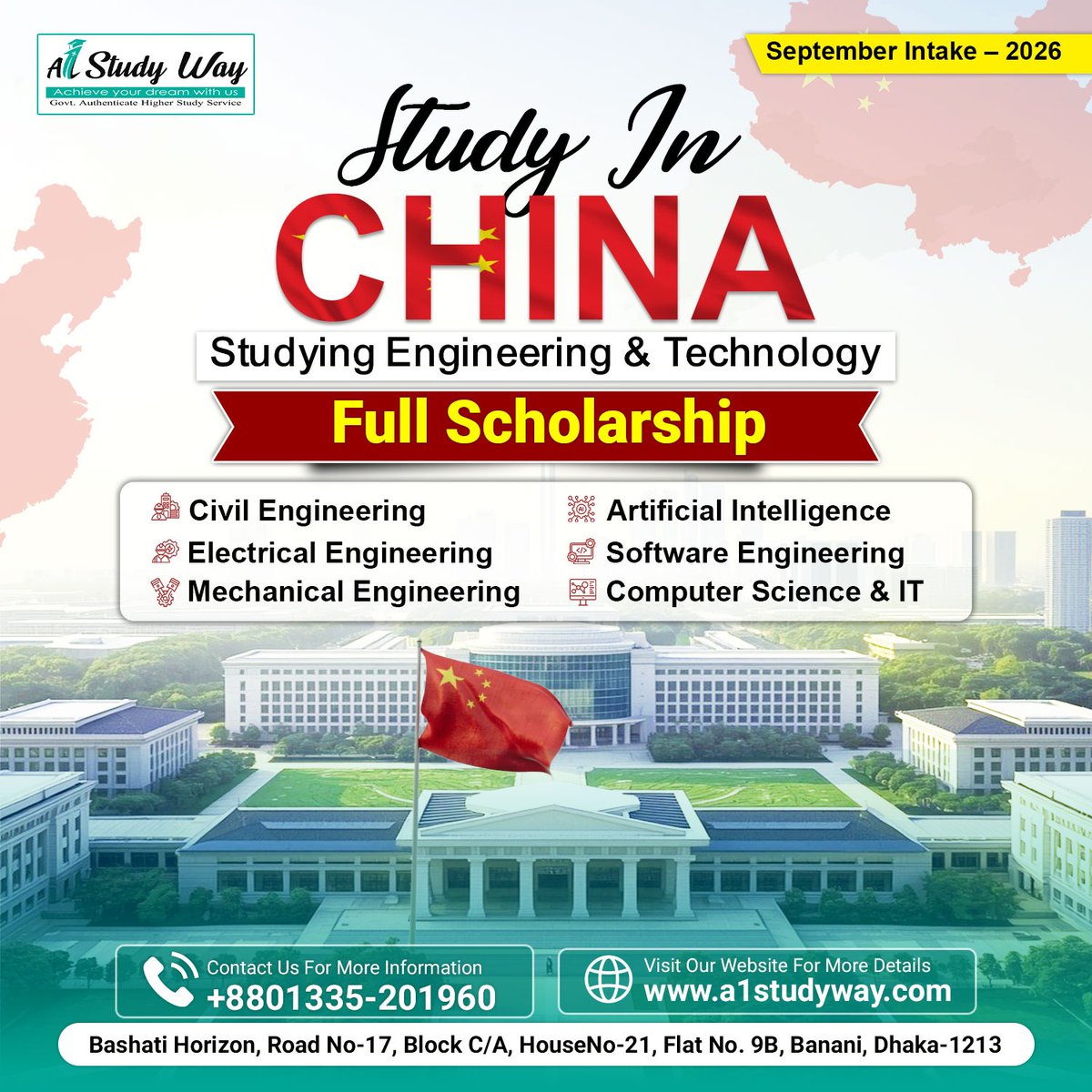 A1StudyWay's tweet photo. 📅 Studying Engineering &amp; Technology in China -September Intake – 2026

Full Scholarship with MOI 

Details: https://t.co/0NMGXVyLoS

📱 01335-201960
📩 info@a1studyway.com
🌐 https://t.co/CIW7XCkAm6

#StudyInChina #TechnologyEducation #ComputerScience #MechanicalEngineering https://t.co/Vqqhqg63wc