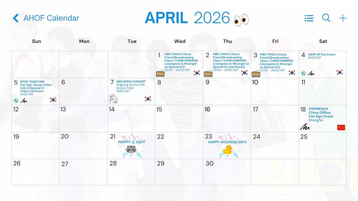 ahofchartdata's tweet photo. [🗓️][SCHEDULE]

AHOF’s schedule for Apr-Jun 2026 as of Apr 4, 2026

04/04 - JUMP UP Fan Event
04/05 - KPOP TOGETHER Fan Sign, Group Video Call, & Special 1:1 Video Call Event 
04/07 - KBS Open Concert 
04/18 - POPMERCHCHINA Offline Fansign Event in Shanghai 🆕
04/21 - Happy JL Day
04/23 - Happy Woongki Day
05/10 - Kstyle PARTY 2026
06/06 - 2026 Weverse Con Festival

#AHOF #아홉 @AHOF_official