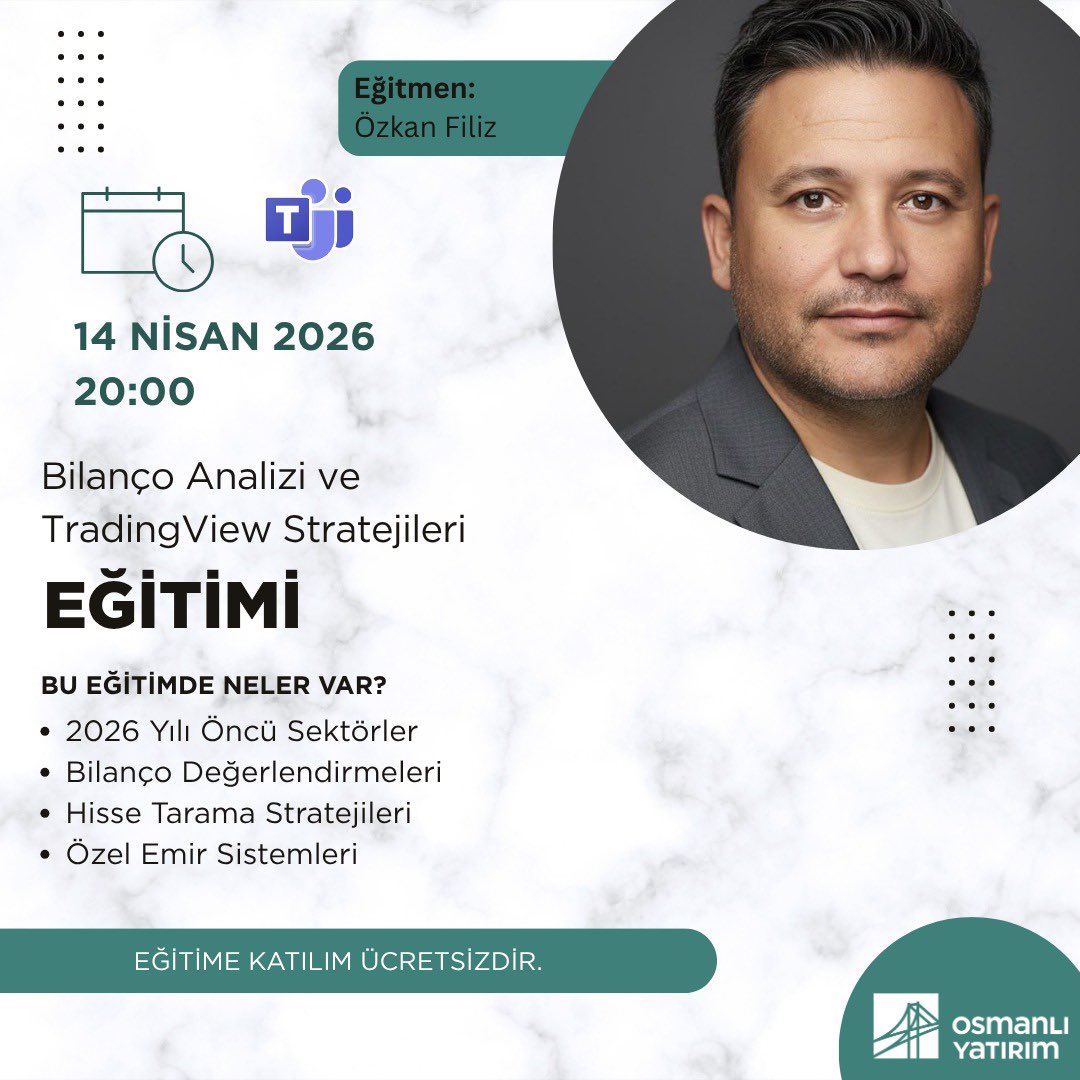 zknflz's tweet photo. 14 Nisan Salı Günü 20:00 da Bilanço Eğitimleri ve TradingView Stratejileri hakkında Osmanlı Yatırım ile eğitim yapacağız.

Bu eğitimlerin efsaneliğini eskiler bilirler 🥶

Eğitime Kayıt Linki : 

https://t.co/PwuoKe6rhL https://t.co/Grt7612Y9T