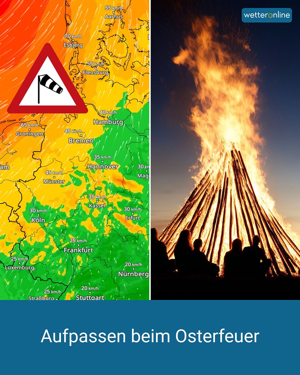 WetterOnline's tweet image. Wird das Osterfeuer 🔥 bei dir heute Abend oder erst morgen früh entzündet? Abends meist ruhiger, am frühen Ostersonntag im Nordwesten wieder windiger. Funkenflug beachten ⚠️

Mehr Infos hier: 👉 to.wetteronline.de/osterfeuer 

#Osterfeuer #Ostern #Wind
