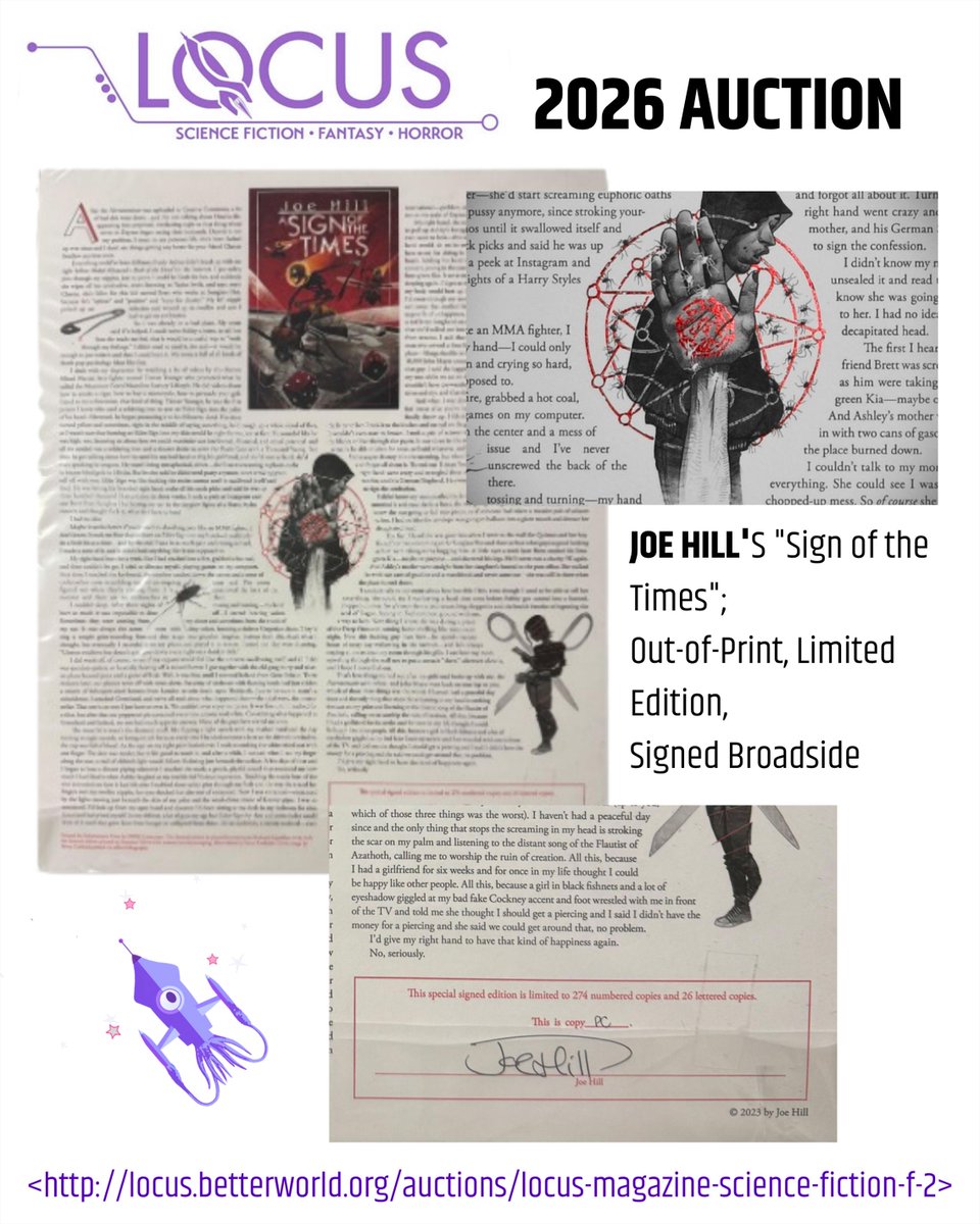 locusmag's tweet photo. #UpforAuction This sold-out Subterranean Press limited edition broadside of "A Sign of the Times," signed  by esteemed horror writer, Joe Hill, is from Locus's own library collection, signed and marked "PC" for personal copy. 16"x20"

https://t.co/DirKkOgMd7 LINK IN BIO https://t.co/bzrV49kz30