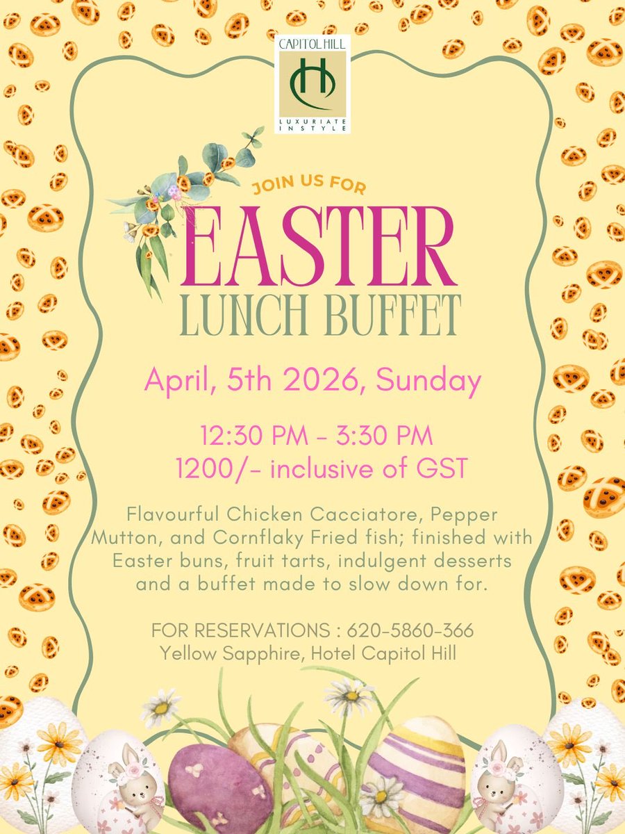 capitol_hotel's tweet photo. Celebrate Easter with a feast to remember 🌸🐣

Join us for a special Easter Lunch Buffet at Capitol Hill

📅 April 5, 2026 | 🕒 12:30 PM – 3:30 PM
💰 ₹1200 (inclusive of GST)

Delight in a spread full of flavors, festive treats &amp; indulgent desserts 🍽️✨

Reserve now: 6205860366 https://t.co/drx0OV0FTK