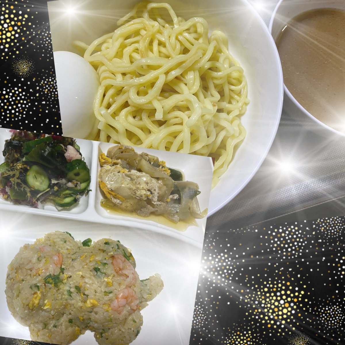 TirolCiel's tweet photo. 今夜の嫁ちゃんの晩御飯🍴
つけ麺ラーメン🍜　🥒🐙🫚大葉海藻の酢物　新🧅の🥚とじ　🦐炒飯 https://t.co/O8LarjhQdf